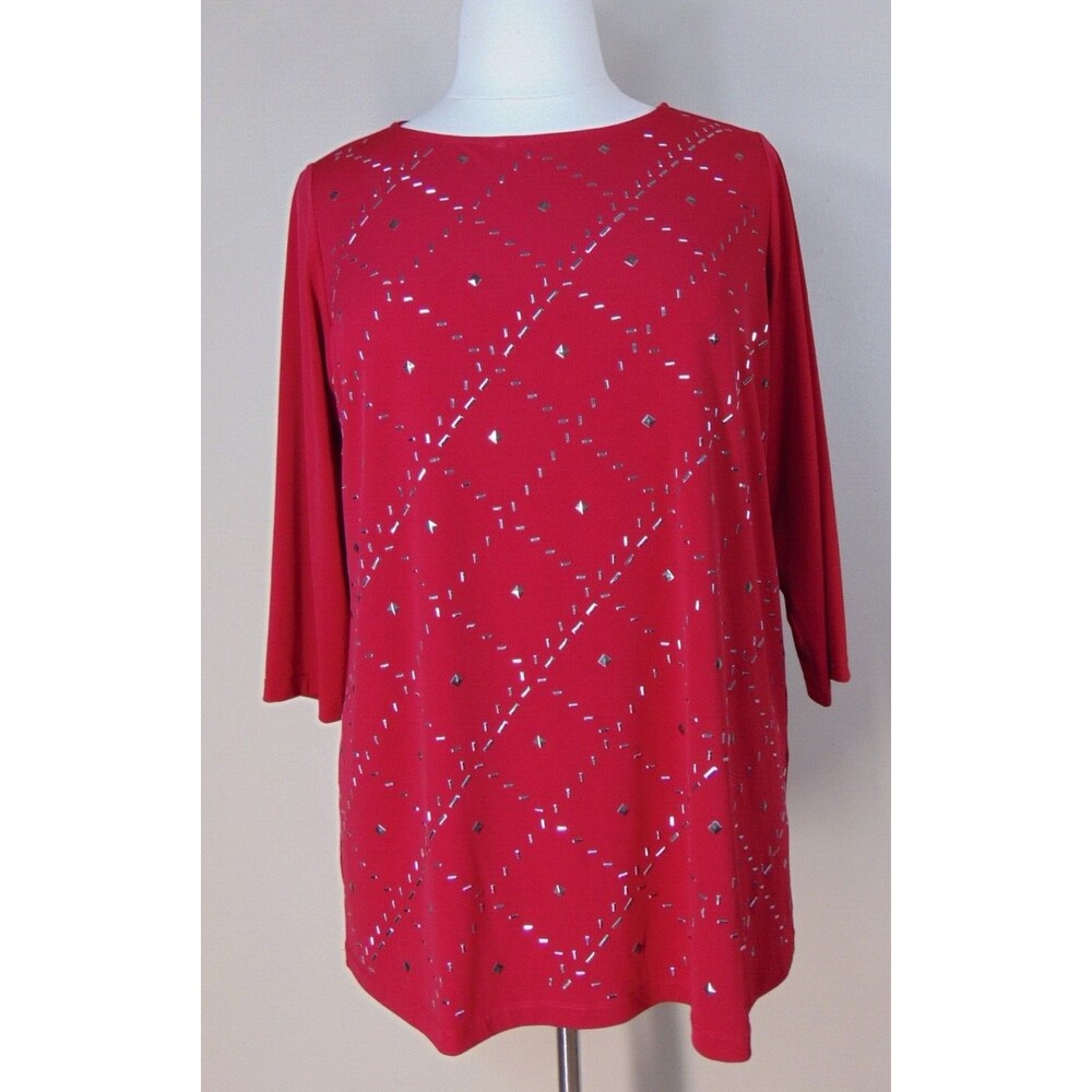 Susan Graver Top Red Womens 1X Embellished Tunic Liquid Knit Holiday 3/4 Sleeve